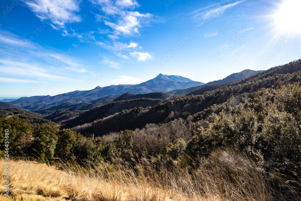 Fototapeta premium Mountain range landscape on a blue sky in Catalonian Pyrenees from a top view