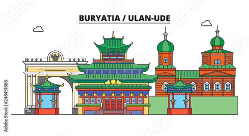 Russia, Buryatia, Ulan-Ude. City skyline: architecture, buildings, streets, silhouette, landscape, panorama. Flat line vector illustration. Russia, Buryatia, Ulan-Ude outline design.