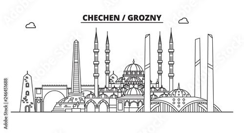 Russia, Chechen, Grozny. City skyline: architecture, buildings, streets, silhouette, landscape, panorama, landmarks. Editable strokes. Flat design, line vector illustration concept. Isolated icons