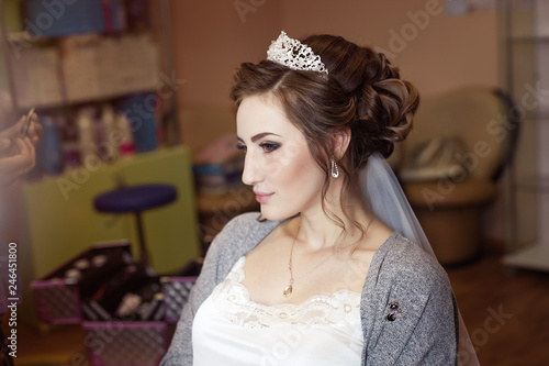 girl in tiara and veil. Bride at a wedding gathering. Preparation, work of the stylist, a wedding make-up and a hairdress