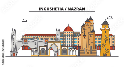 Russia, Ingushetia, Magas. City skyline: architecture, buildings, streets, silhouette, landscape, panorama. Flat line vector illustration. Russia, Ingushetia, Magas outline design.