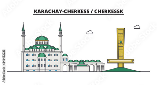 Russia, Cherkessk. City skyline: architecture, buildings, streets, silhouette, landscape, panorama. Flat line vector illustration. Russia, Cherkessk outline design. photo