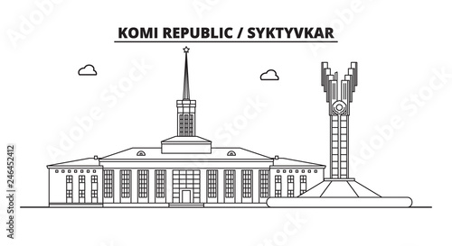 Russia, Komi Republic, Syktyvkar. City skyline: architecture, buildings, streets, silhouette, landscape, panorama, landmarks. Editable strokes. Flat design line vector illustration concept