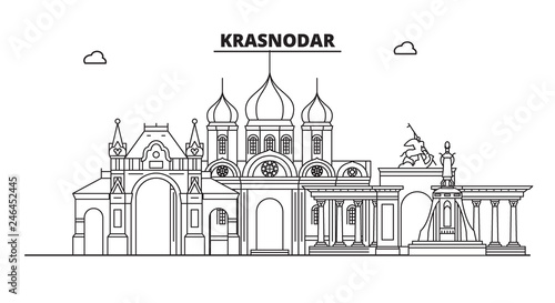 Russia, Krasnodar. City skyline: architecture, buildings, streets, silhouette, landscape, panorama, landmarks. Editable strokes. Flat design, line vector illustration concept. Isolated icons