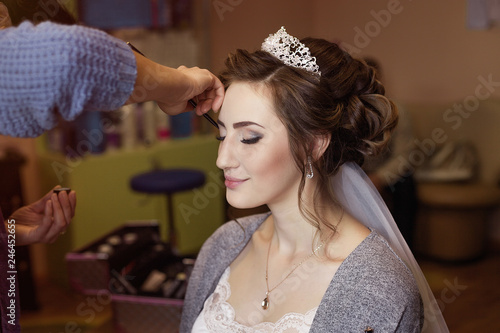  girl in tiara and veil. Bride at a wedding gathering. Preparation, work of the stylist, a wedding make-up and a hairdress.