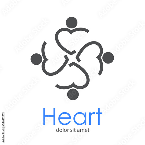 Logotipo abstracto con texto Heart con 4 corazones lineales como hombres abrazados en color gris