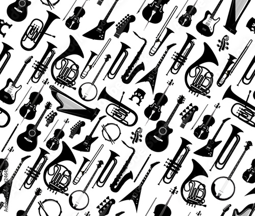 Seamless background with silhouettes of musical instruments black color isolated on white - Vector illustration
