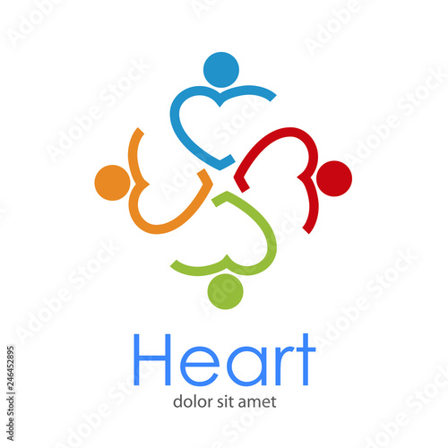 Logotipo abstracto con texto Heart con 4 corazones lineales como hombres abrazados en varios colores