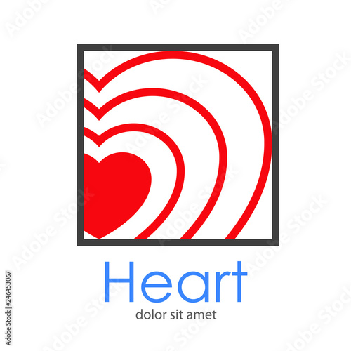 Logotipo abstracto con texto Heart con marco cuadrado lineal color gris con corazones concentricos color rojo