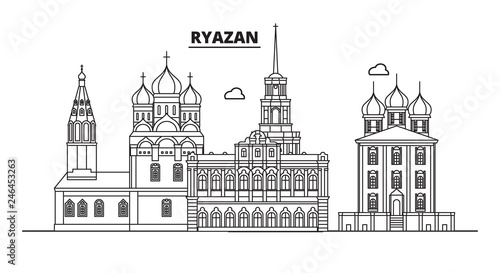 Russia, Ryazan. City skyline: architecture, buildings, streets, silhouette, landscape, panorama, landmarks. Editable strokes. Flat design, line vector illustration concept. Isolated icons