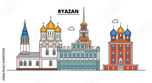 Russia, Ryazan. City skyline: architecture, buildings, streets, silhouette, landscape, panorama. Flat line vector illustration. Russia, Ryazan outline design.