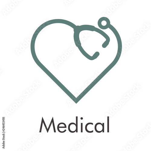 Logotipo abstracto con texto Medical con corazón lineal como estetoscopio color gris