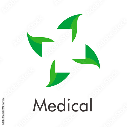 Logotipo abstracto con texto Medical con hojas de planta color verde con cruz en espacio negativo