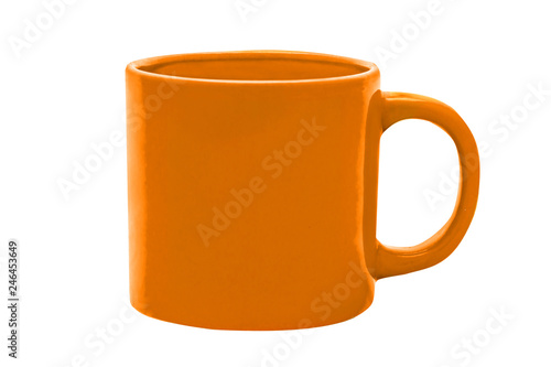 Orange glass, colore mug on white background, coffee cup. Isolated