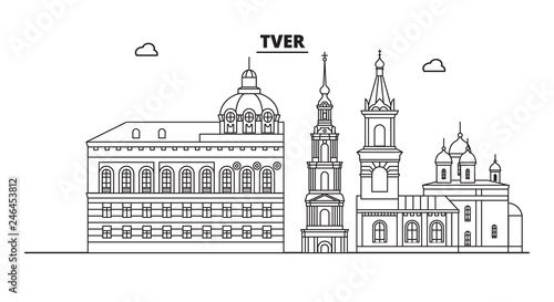 Russia, Tver. City skyline: architecture, buildings, streets, silhouette, landscape, panorama, landmarks. Editable strokes. Flat design, line vector illustration concept. Isolated icons