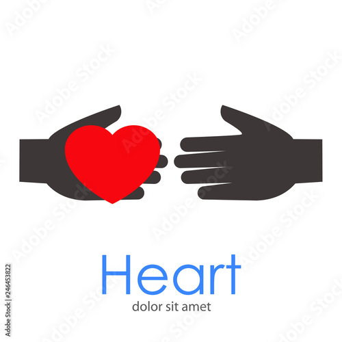 Logotipo abstracto con texto Heart con 2 manos en color gris dando corazón en color rojo