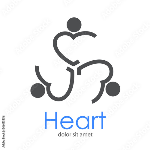 Logotipo abstracto con texto Heart con 3 corazones lineales como hombres abrazados en color gris