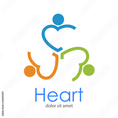 Logotipo abstracto con texto Heart con 3 corazones lineales como hombres abrazados en varios colores