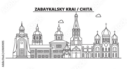 Russia, Zabaykalsky Krai, Chita. City skyline: architecture, buildings, streets, silhouette, landscape, panorama, landmarks. Editable strokes. Flat design line vector illustration concept
