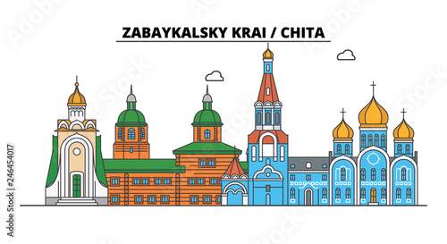 Russia, Zabaykalsky Krai, Chita. City skyline: architecture, buildings, streets, silhouette, landscape, panorama. Flat line vector illustration. Russia, Zabaykalsky Krai, Chita outline design.