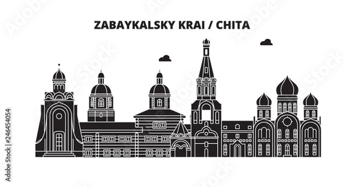 Russia, Zabaykalsky Krai, Chita. City skyline: architecture, buildings, streets, silhouette, landscape, panorama. Flat line vector illustration. Russia, Zabaykalsky Krai, Chita outline design.