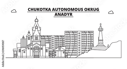 Russia, Chukotka, Anadyr. City skyline: architecture, buildings, streets, silhouette, landscape, panorama, landmarks. Editable strokes. Flat design, line vector illustration concept. Isolated icons
