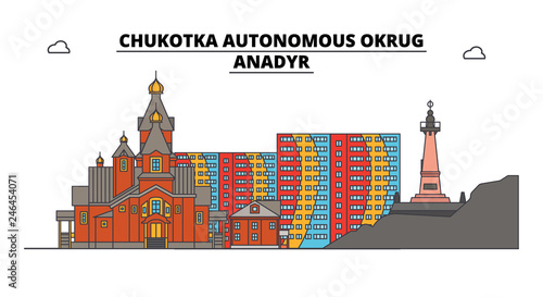 Russia, Chukotka, Anadyr. City skyline: architecture, buildings, streets, silhouette, landscape, panorama. Flat line vector illustration. Russia, Chukotka, Anadyr outline design.