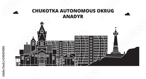 Russia, Chukotka, Anadyr. City skyline: architecture, buildings, streets, silhouette, landscape, panorama. Flat line vector illustration. Russia, Chukotka, Anadyr outline design.