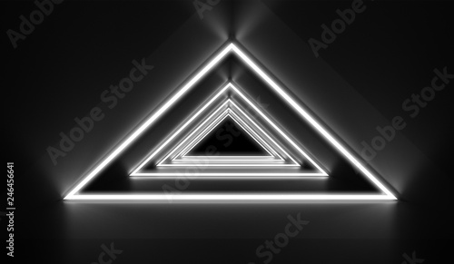 Futuristic background with neon shapes of a triangle, reflection, smoke. Empty tunnel with neon light. 3d illustration
