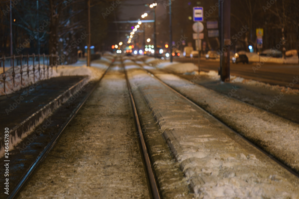 Moscow tram railway at winter time