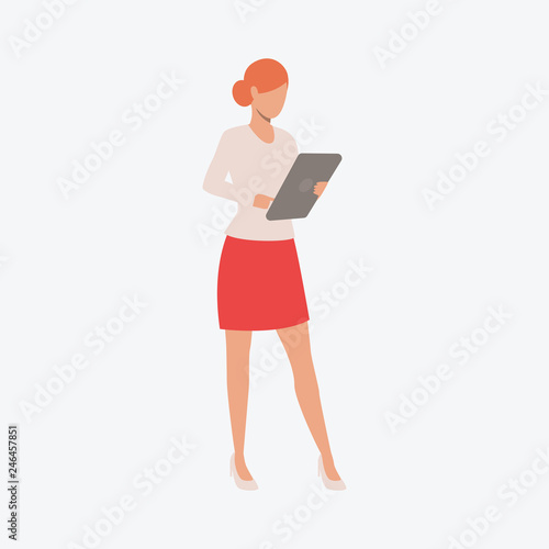 Red haired girl with tab. Presentation, meeting, casual wear. Can be used for topics like professional , work, job