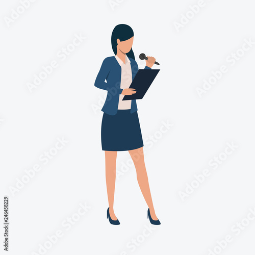 Woman with microphone and folder. Presentation, meeting, casual wear. Can be used for topics like professional , work, job