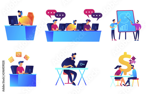 Gamers playing and developers vector illustrations set. Gamers playing video games, freelancer and developer, business analysts concept. Vector illustrations set isolated on white background.