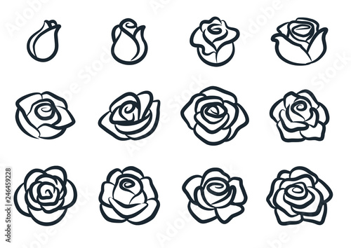 Black and white rose flower vector illustration. Simple rose blossom icon set. Nature, gardening, love, Valentine's day theme design element.