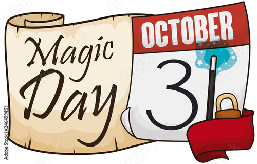 Scroll with Calendar, Ribbon and Padlock for Magic Day Celebration, Vector Illustration