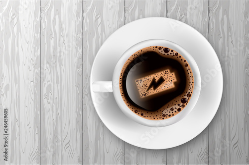 Cup of coffee with battery energy on foam. Realistic vector illustration