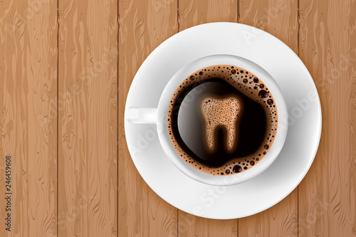 Cup of coffee with tooth from foam realistic vector illustration. Coffee spoils teeth and makes them yellow