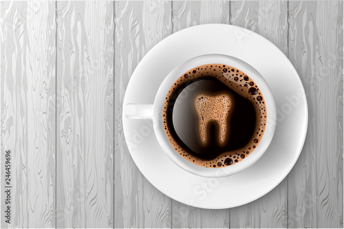 Cup of coffee with tooth from foam realistic vector illustration. Coffee spoils teeth and makes them yellow