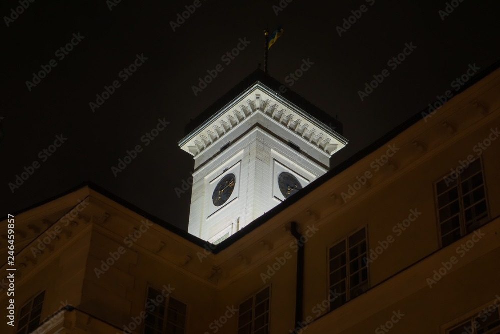 The tower of the city hall at night in the lights. Lviv. Ukraine. 2019.01.14