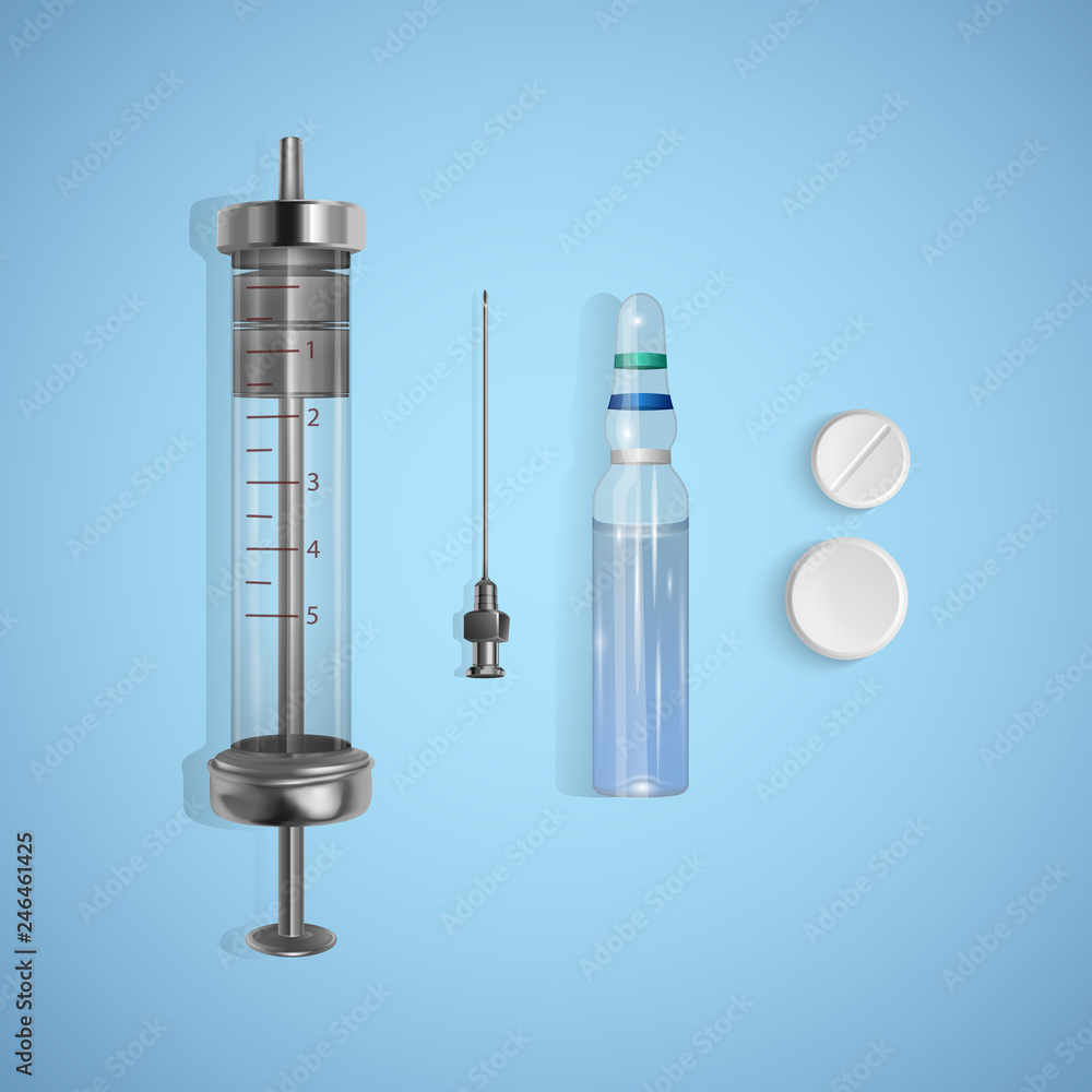 Ampoule. Set of ampoules, syringe and tablets. Medicine and healthcare. Vector illustration. Ampoule. Set of ampoules, syringe and tablets. Medicine and healthcare. Vector illustration.