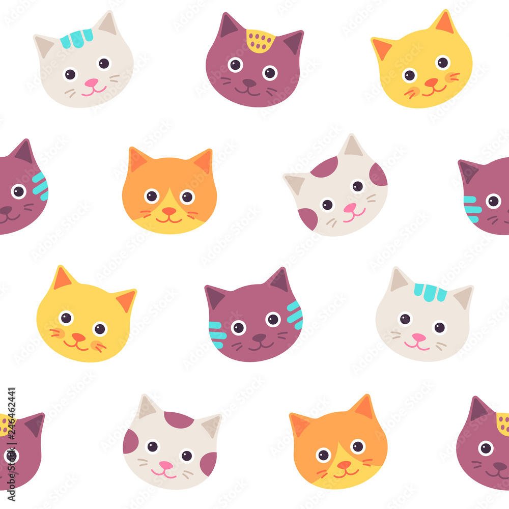 Cute cat faces pattern. Vector. Happy kitten seamless background. Animal head isolated on white, flat design. Cartoon illustration for textile, baby shower, invitation template, scrapbook, cards.