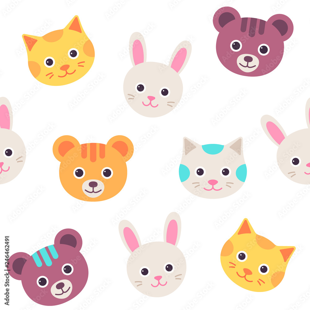 Cat, hare, bear faces seamless pattern. Vector. Cute background with animal heads. Happy kitten, bunny, bear character set. Sweet silhouette isolated on white, flat design. Cartoon illustration. Cat, hare, bear faces seamless pattern. Vector. Cute background with animal heads. Happy kitten, bunny, bear character set. Sweet silhouette isolated on white, flat design. Cartoon illustration.
