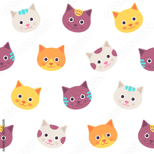 Cute cat faces pattern. Vector. Happy kitten seamless background. Animal head isolated on white  flat design. Cartoon illustration for textile  baby shower  invitation template  scrapbook  cards.