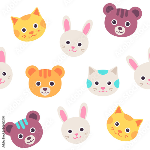 Cat, hare, bear faces seamless pattern. Vector. Cute background with animal heads. Happy kitten, bunny, bear character set. Sweet silhouette isolated on white, flat design. Cartoon illustration.