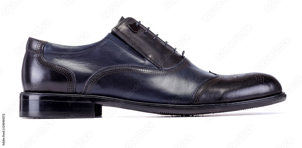 Φωτογραφία Black shoe with dark blue pieces for male on white background
