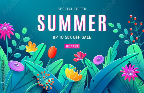 Summer sale ad background with paper cut fantasy flowers, leaves, stem isolated on dark backdrop. Minimal 3d style floral background. Discount text offer 50 percent off. Vector illustration