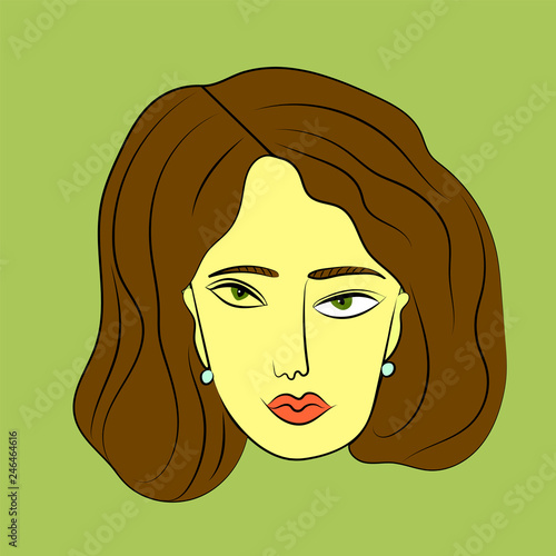 Woman face on  green background. Vector illustration in hand drawn style. Cute portraits.