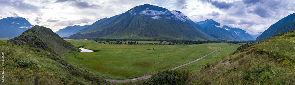 Wide panorama with landscape with mountains - Place of Power, Altay, Siberia, Russia