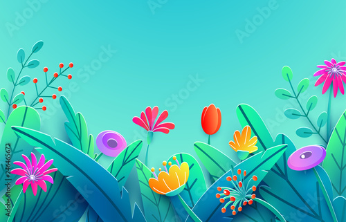 Summer border with paper cut fantasy flowers, leaves, stem isolated on blue sky backdrop. Minimal 3d style floral spring background. Bright nature origami. Vector illustration
