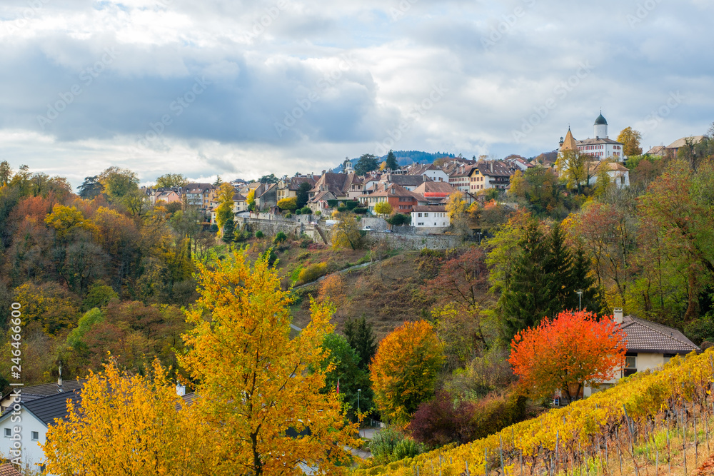 A beautiful view of the historical Aubonne village, Switzerland in a fantastic colorful autumn landscape. A beautiful view of the historical Aubonne village, Switzerland in a fantastic colorful autumn landscape.